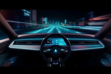 Plakat autonomous futuristic car dashboard view at night with hologram screens wide banner,Generative AI.