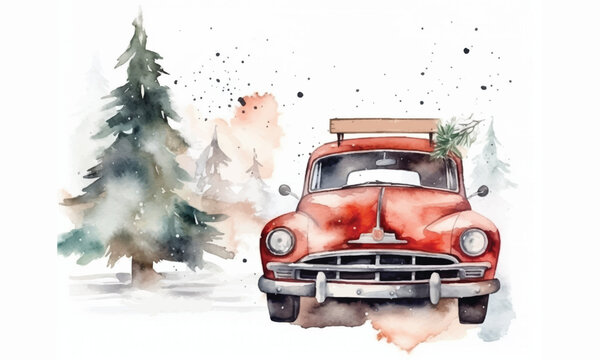 Vintage red pickup truck. Watercolor illustration on a white background. Christmas card with a classic American truck and a Christmas tree in the back of a car.