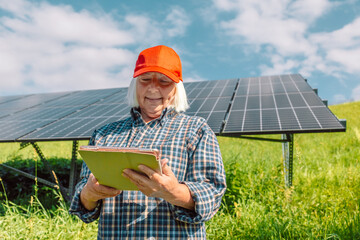 Senior engineer is checking with tablet an operation of sun and cleanliness on field of...