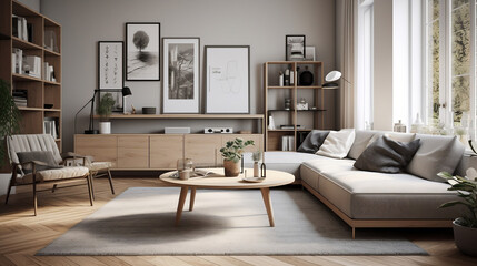 modern living room designed with furniture and accessories. The room a minimalist theme with a neutral color palette. Generative AI.