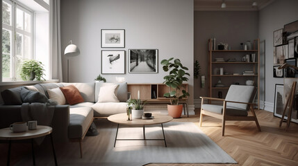 modern living room designed with IKEA furniture and accessories. The room a minimalist theme with a neutral color palette