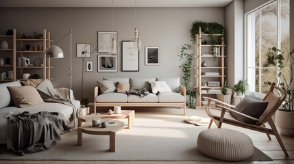 modern living room designed with IKEA furniture and accessories. The room a minimalist theme with a neutral color palette
