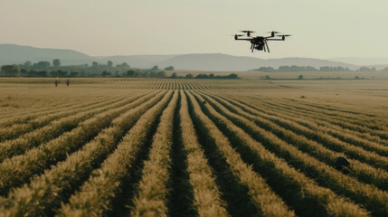Fototapeta na wymiar Agricultural field with crops and agronomist drone. Al generated