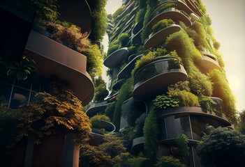 Ai-Generated Render of a Modern, Sustainable, Eco-Friendly Vertical Garden City Skyline with Curvy Green Architecture, Urban Buildings, Nature Parks, Towers, Facades, Streets, and. Generative AI