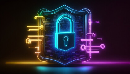 2D Rendering Cybersecurity Icon Creative Illustration. Glowing, simple, colourful, 8K, High Quality Resolution, Security, Cyberattacks, Advertisement. glowing neon light