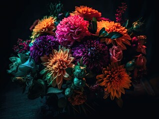 Flower bouquet with neon colours, AI generated