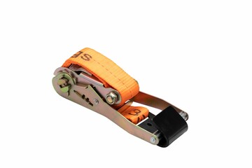 Scroll of orange cargo straps to tie cars with stainless buckles isolated on the white background