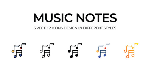 Music Notes Icon Design in Five style with Editable Stroke. Line, Solid, Flat Line, Duo Tone Color, and Color Gradient Line. Suitable for Web Page, Mobile App, UI, UX and GUI design.