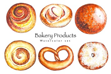 Set of various pastries  in watercolor on a white background