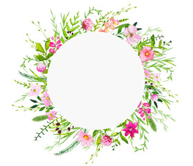 Floral round frame of wild pink flowers and grass