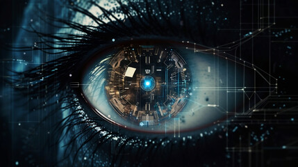 Human eye and high-tech concept, screening big tradingview and digital transformation technology. Generative AI.
