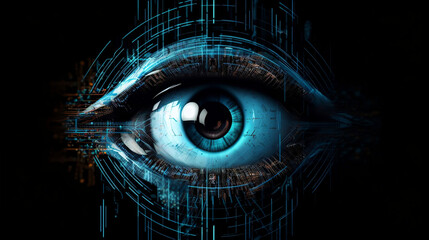 Human eye and high-tech concept, screening big tradingview and digital transformation technology. Generative AI.