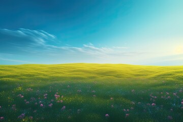 Beautiful flowered field in summer under a beautiful blue sky. Generative AI