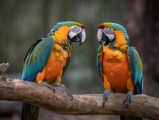 Obraz premium A pair of parrots perched on a branch, facing each other