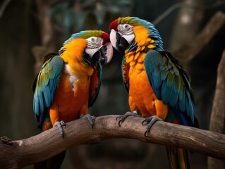 Obraz premium A pair of parrots perched on a branch, facing each other