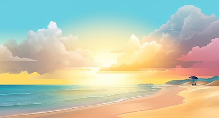 Naklejka na ściany i meble Sunny drawing of a paradise beach. Summer vacations. Generative AI