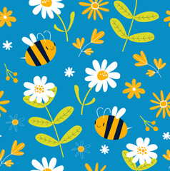 Fototapeta na wymiar Summer blue background with cartoon bees and daisies. Floral pattern. Blue gentle seamless background. Fabric, paper, wallpaper.