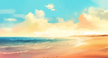 Naklejka na ściany i meble Sunny drawing of a paradise beach. Summer vacations. Generative AI