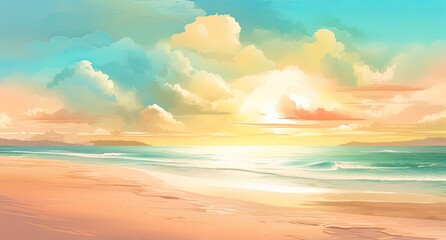 Fototapeta na wymiar Sunny drawing of a paradise beach. Summer vacations. Generative AI
