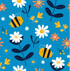 Summer blue background with cartoon bees and daisies. Floral pattern. Blue gentle seamless background. Fabric, paper, wallpaper.