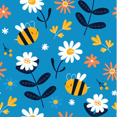 Vector blue background with cartoon bees and daisies. Floral pattern. Blue gentle seamless background. Fabric, paper, wallpaper. - 592608265