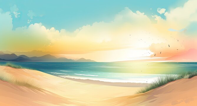 Sunny drawing of a paradise beach. Summer vacations. Generative AI