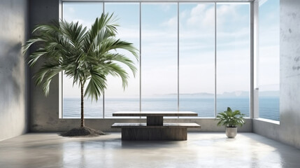 Indoor plant on white floor with empty concrete wall background, Lounge and coffee table near glass window in sea view living room of modern luxury beach house or hotel. Generative AI.