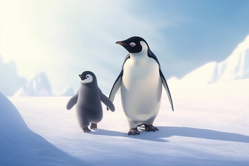 Fototapeta na wymiar 海氷上を歩く可愛いペンギンの親子　Generative AI