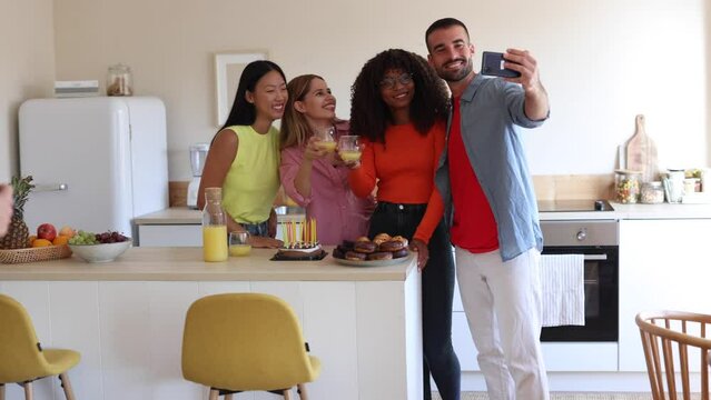home party friends take selfie photos with smart phone
