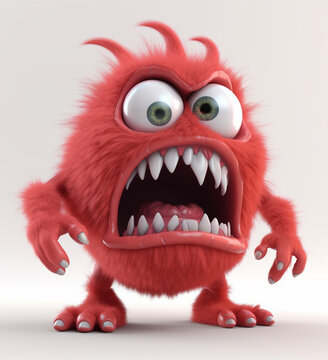 red cute monster character, with angry expression, 3d animation, isolated on white background, generative ai