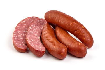 Smoked german sausages, isolated on white background.