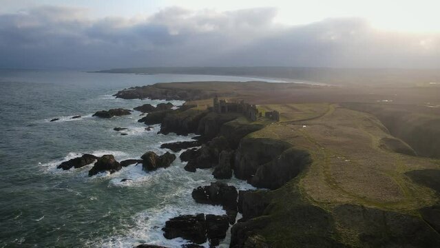 Aerial view of Slains Castle, Peterhead, Scotland, UK