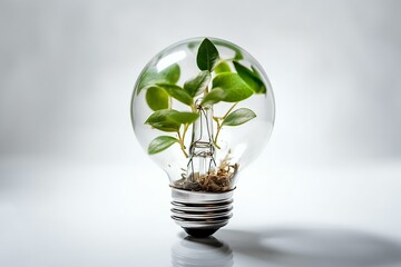 Eco-friendly lightbulb with fresh leaves inside. Concept of Renewable Energy and Sustainable Living. ESG, green energy, sustainable industry. Generative AI