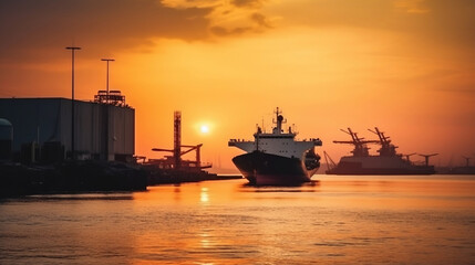 Obraz premium Logistics and transportation of Container Cargo ship and Cargo plane with working crane bridge in shipyard at sunrise. Generative AI.