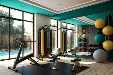 Fototapeta na wymiar Modern gym interior with sport and fitness equipment, fitness center inteior, inteior of crossfit and workout gym 
