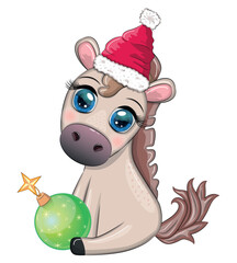 Cute horse, pony in Santa's hat with candy kane, Christmas ball, gift, ice skating. Winter, Christmas