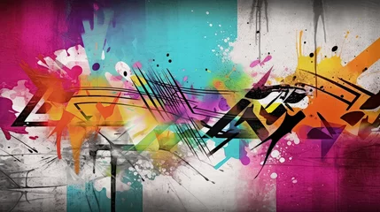 Foto op Plexiglas Abstract graffiti background featuring intricate designs and bold, contrasting colors that mimic the look and feel of spray-painted street art. Generated by AI. © Кирилл Макаров