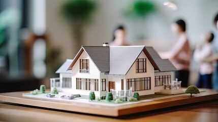 House model with agent and customer discussing for contract to buy, get insurance or loan real estate or property