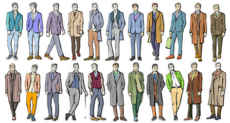 Colorful Line Drawing Illustration of Handsome Young Man In Smart Casual Wear