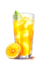 Glass of orange juice with ice isolated on white background. Watercolor illustration of a juicy cocktail decorated with mint and orange. Generative AI.