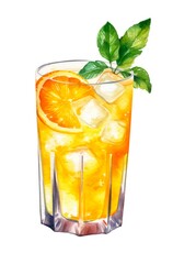 Glass of orange juice with ice isolated on white background. Watercolor illustration of a juicy cocktail decorated with mint and orange. Generative AI.