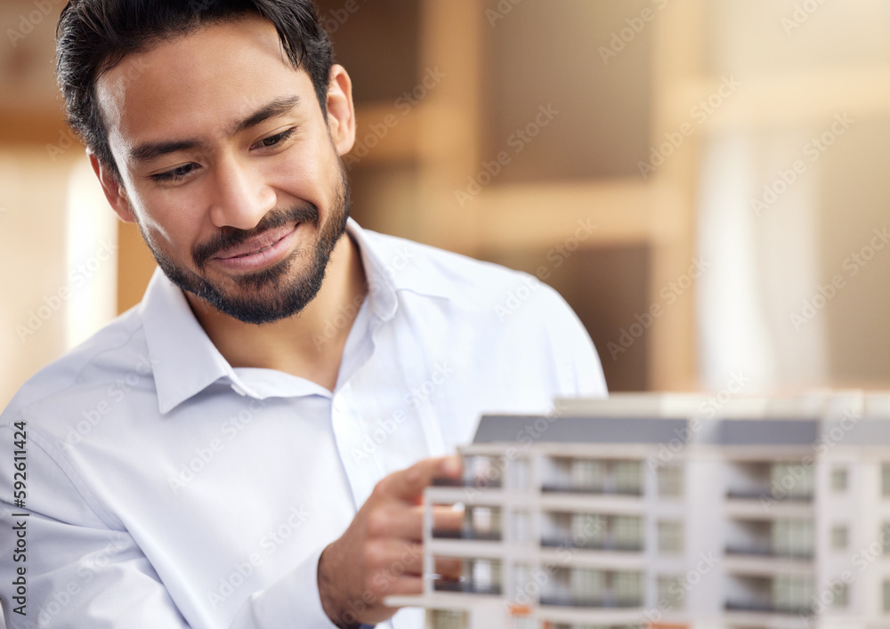 Poster Architect, man and check building model, construction with smile on face and architecture project. Businessman in office, design and engineer with property development company and construction job