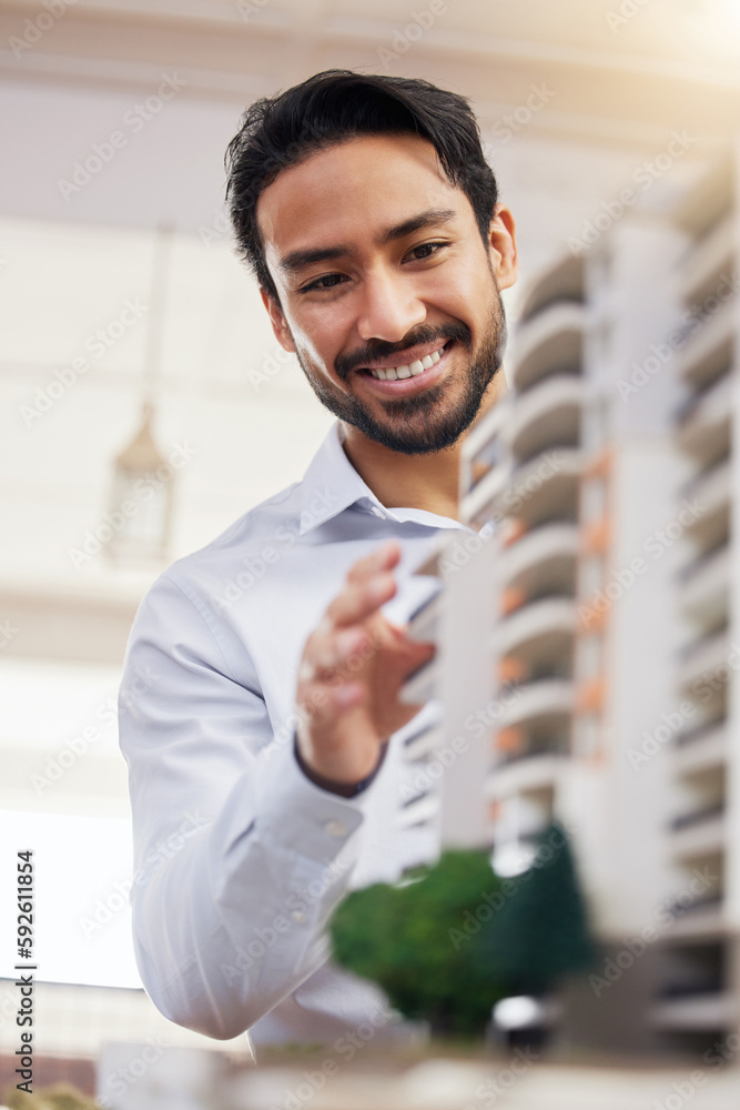 Aufkleber Architect, happy man and check architecture model, construction and building with smile on face and building project. Businessman in office, design and engineer, property development and construction