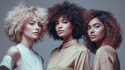 Fototapeta premium Group portrait of various women. Diversity happy female. Interracial differences, skin color, hairstyles, hair length for happiness and health. Generative AI. High quality illustration
