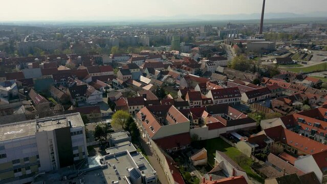 Aerial view of Trnava, cityscape of a small town near Bratislava, Slovakia, 4k