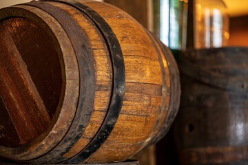 Closeup of a wooden barrel