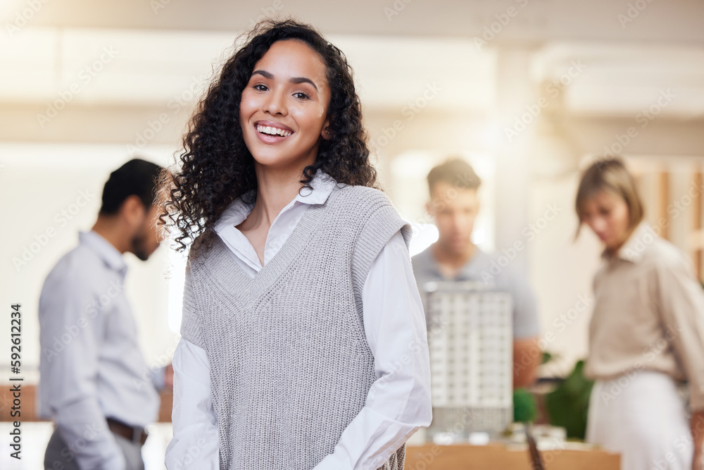 Poster architect woman, smile in portrait with confidence and happiness in architecture meeting with team l