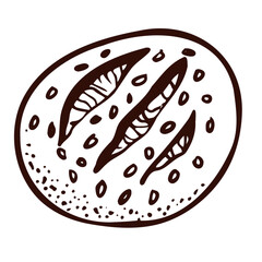Fresh circle bread. Bakery item and element. Graphic outline hand drawn vector illustration isolated on white background for menu, bakery label design.
