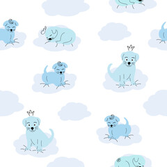 Fototapeta premium Cute sleeping puppy, clouds, stars, crown, butterflies Seamless pattern. Gentle colors. For newborns