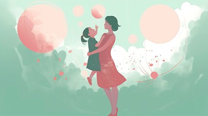 Happy Mothers Day drawing in the style of dark pink and white watercolor. Happy Mothers Day. Mom hugs Children. Generative Ai